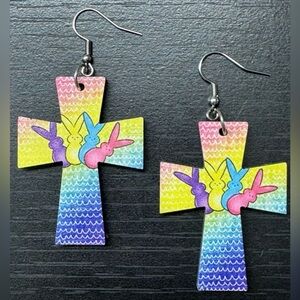 Easter Peeps Colorful Rabbit Cross Pendant Wooden Double-sided Earrings